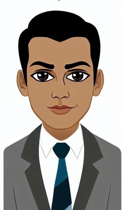 Cartoon avatar of handsome east indian man with short, dark hair, and wearing a tie-1