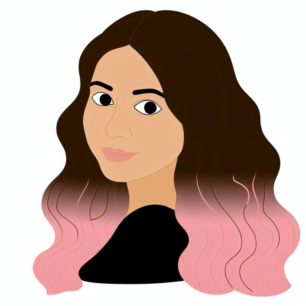 Cartoon avatar of young italian woman looking over her left shoulder at us, with soft pink highlights and dark roots in her long flowing hair